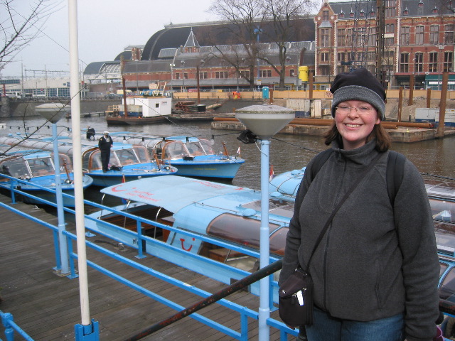 Liz about to take canal cruise in blue boat